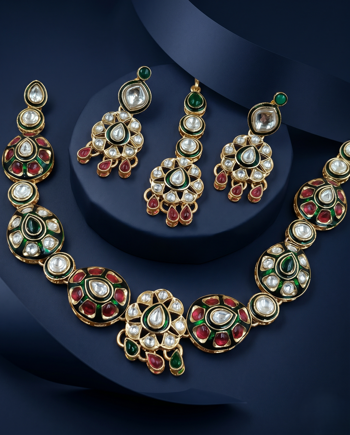 Polki Kundan Necklace Set with Green & Red Enamel and Matching Earrings – Traditional Design
with blue backgound 