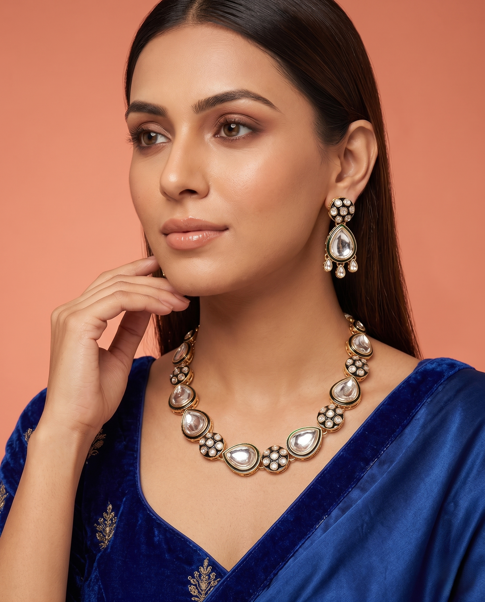 Polki Kundan Necklace Set with Pear-Shaped Stones & Matching Earrings – Traditional Design
