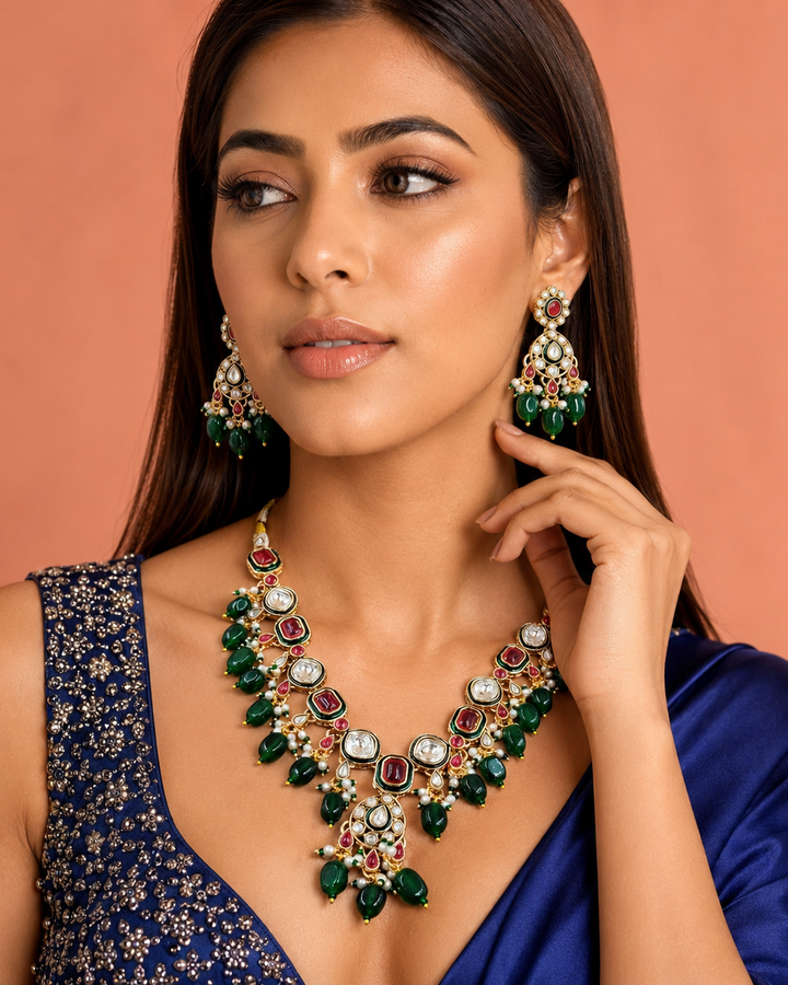 Polki Kundan Necklace Set with Ruby-Tone Stones & Green Bead Drops – Traditional Design
