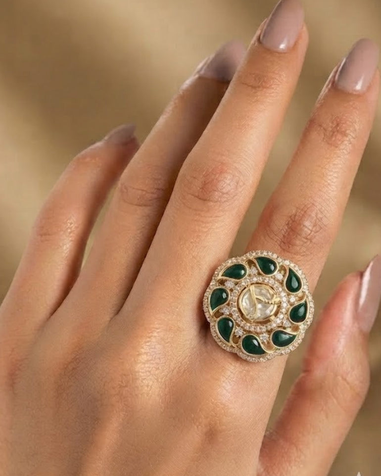 Emeriya Green Kundan CZ Statement Ring