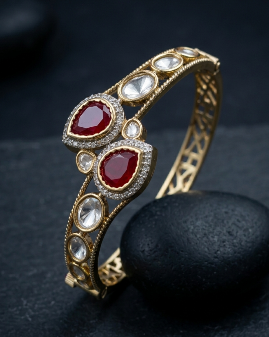 Raktima Mehndi Polish Ruby Red Mossanite Kada Bracelet for Women | Traditional Designer Bangle