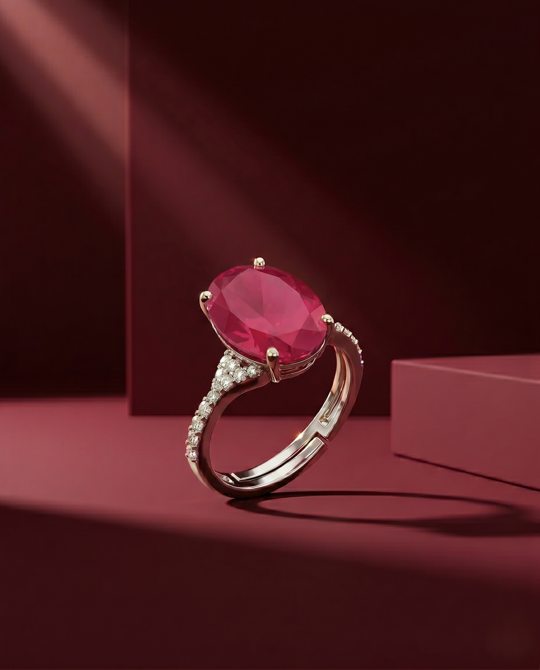 Ring with a pink gemstone on a red background