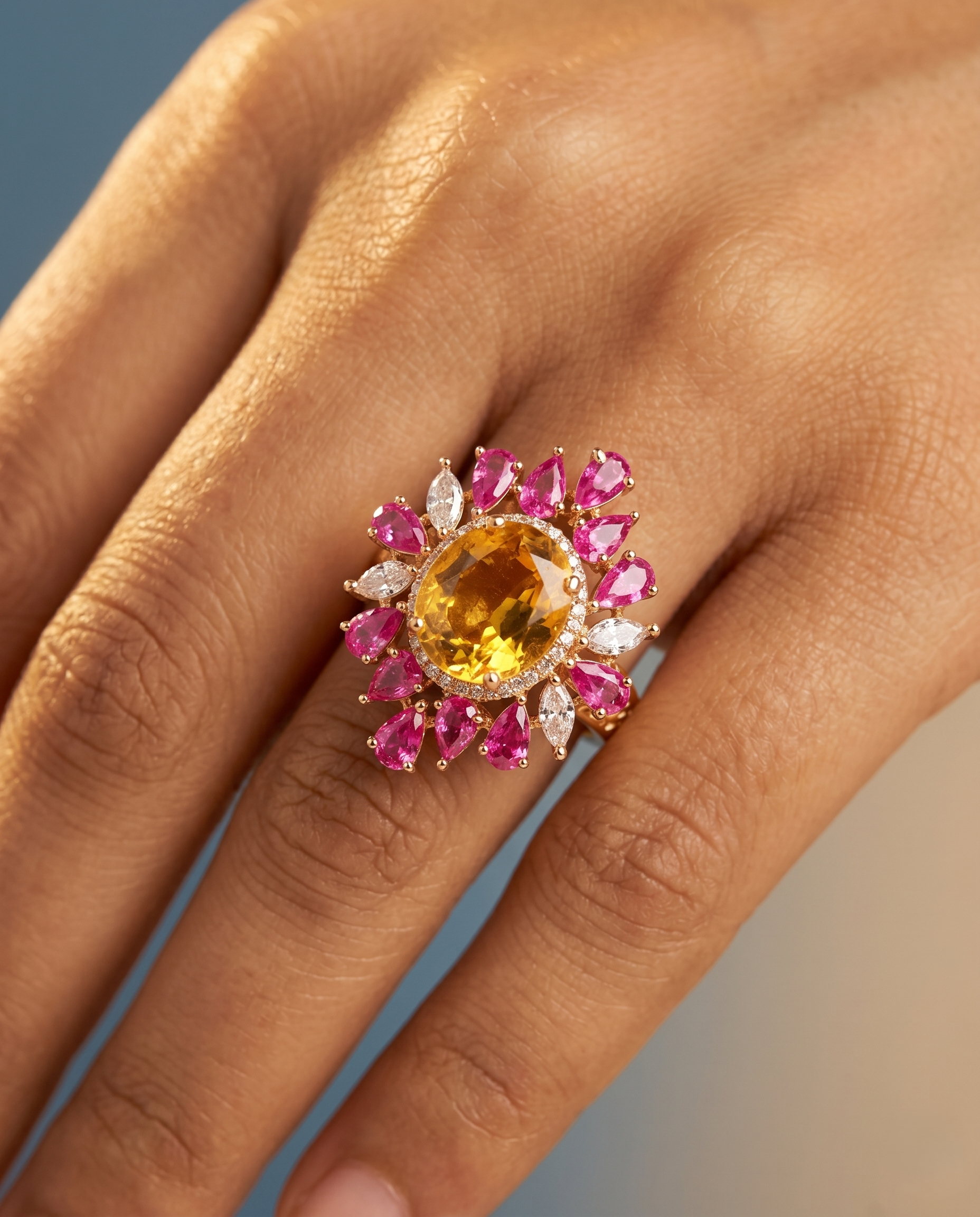 Ring with a yellow gemstone and pink and white stones on a hand against a neutral background
