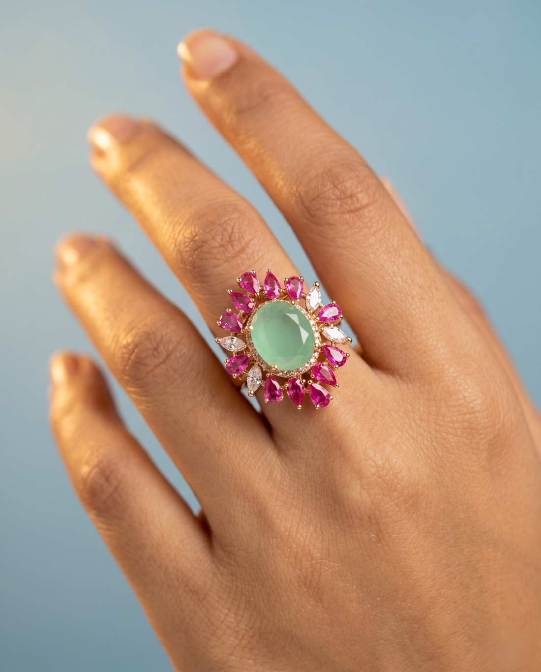 Ring with pink gemstones and a green center stone on a hand against a light blue background