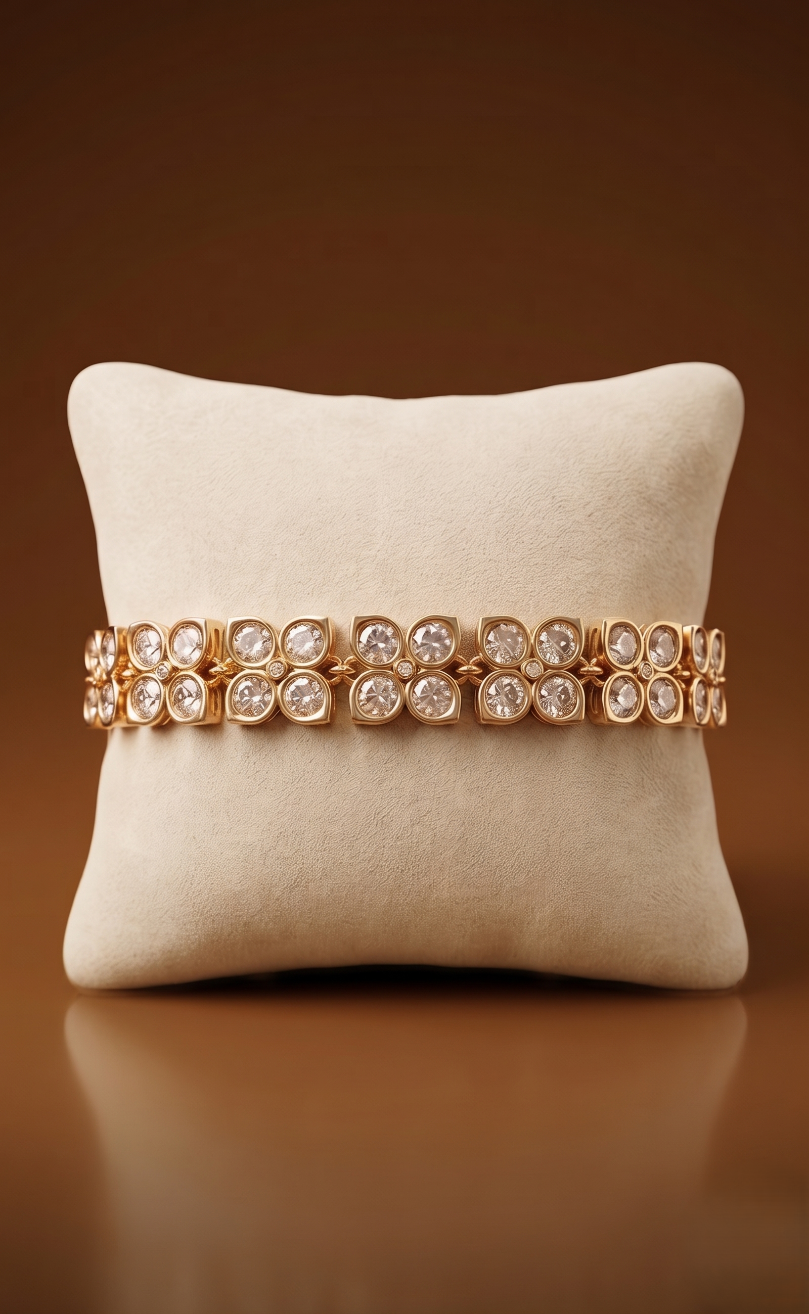 Rose gold bracelet with clear stones on a beige pillow against a brown background