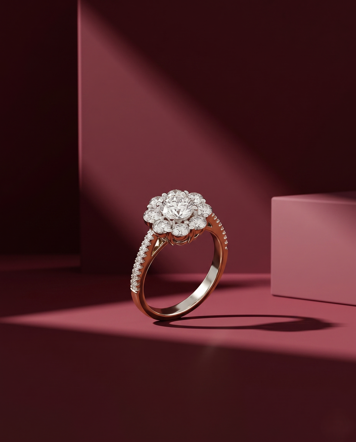 Rose gold ring with diamond cluster on a red background