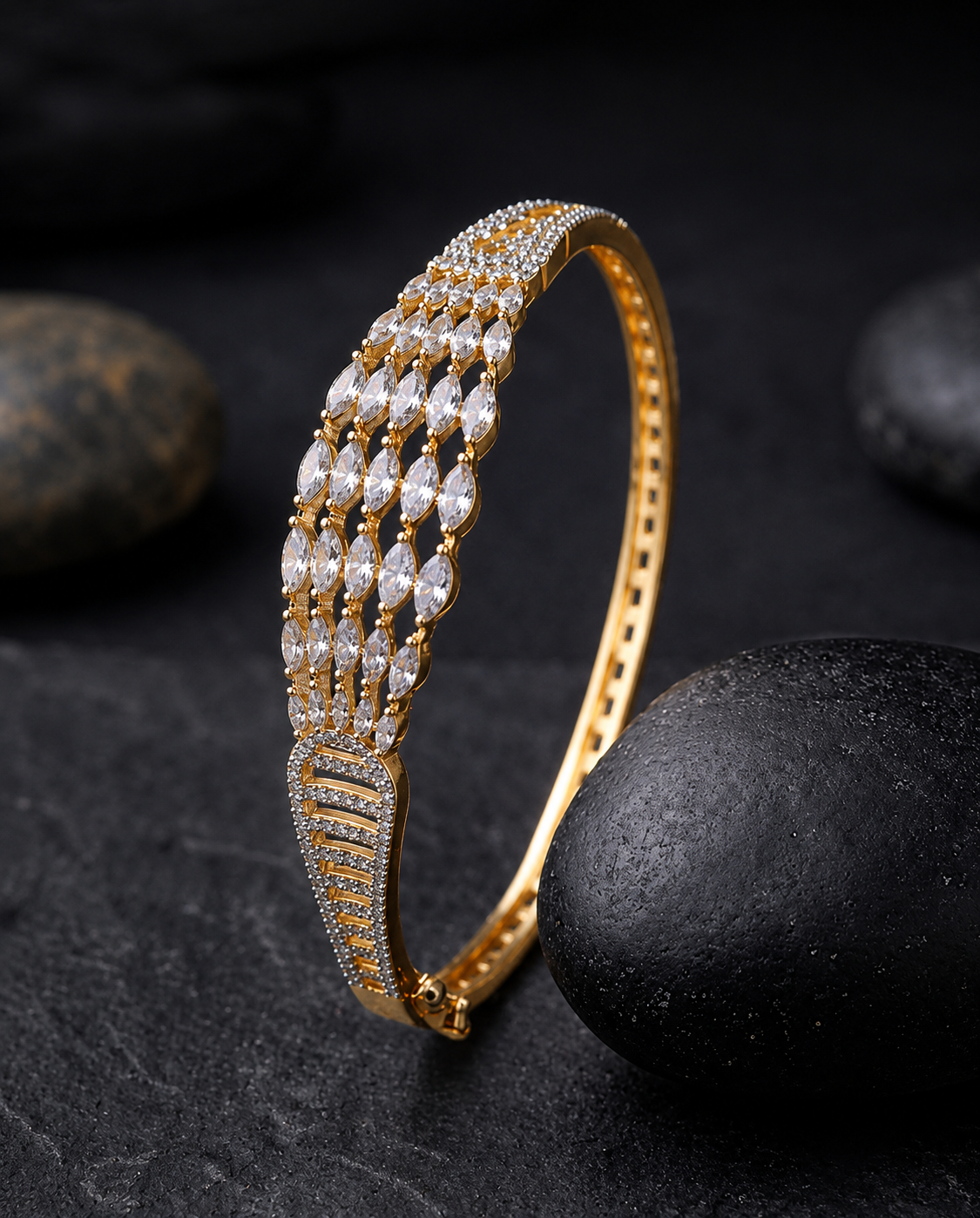 Premium gold-plated designer bangle featuring an intricate mesh pattern of marquise-cut CZ