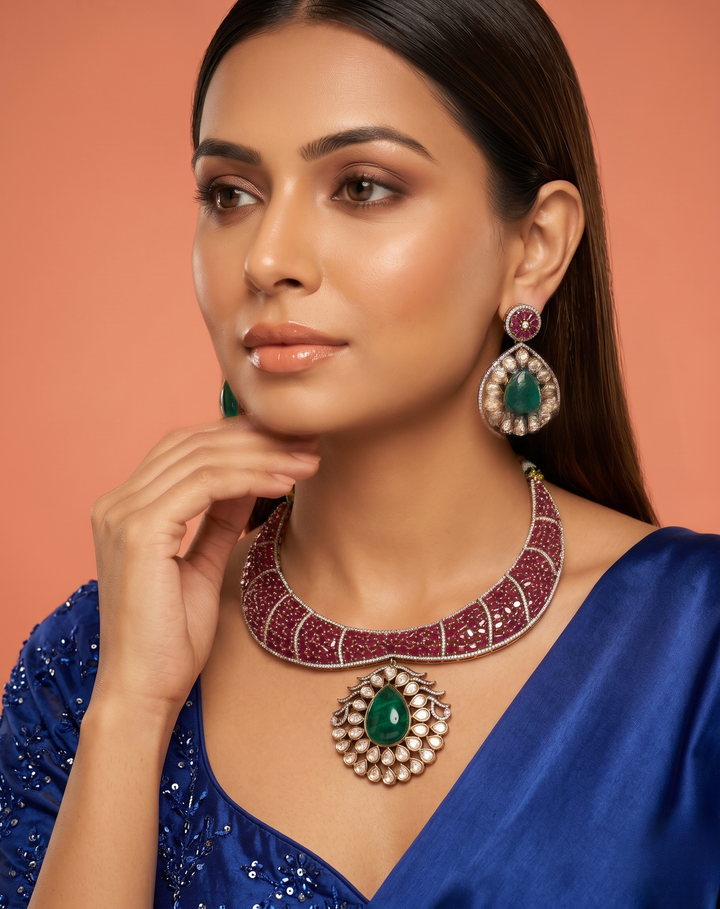 Ruby & Emerald Green Polki Style Necklace Set with Matching Earrings – Gold Finish
