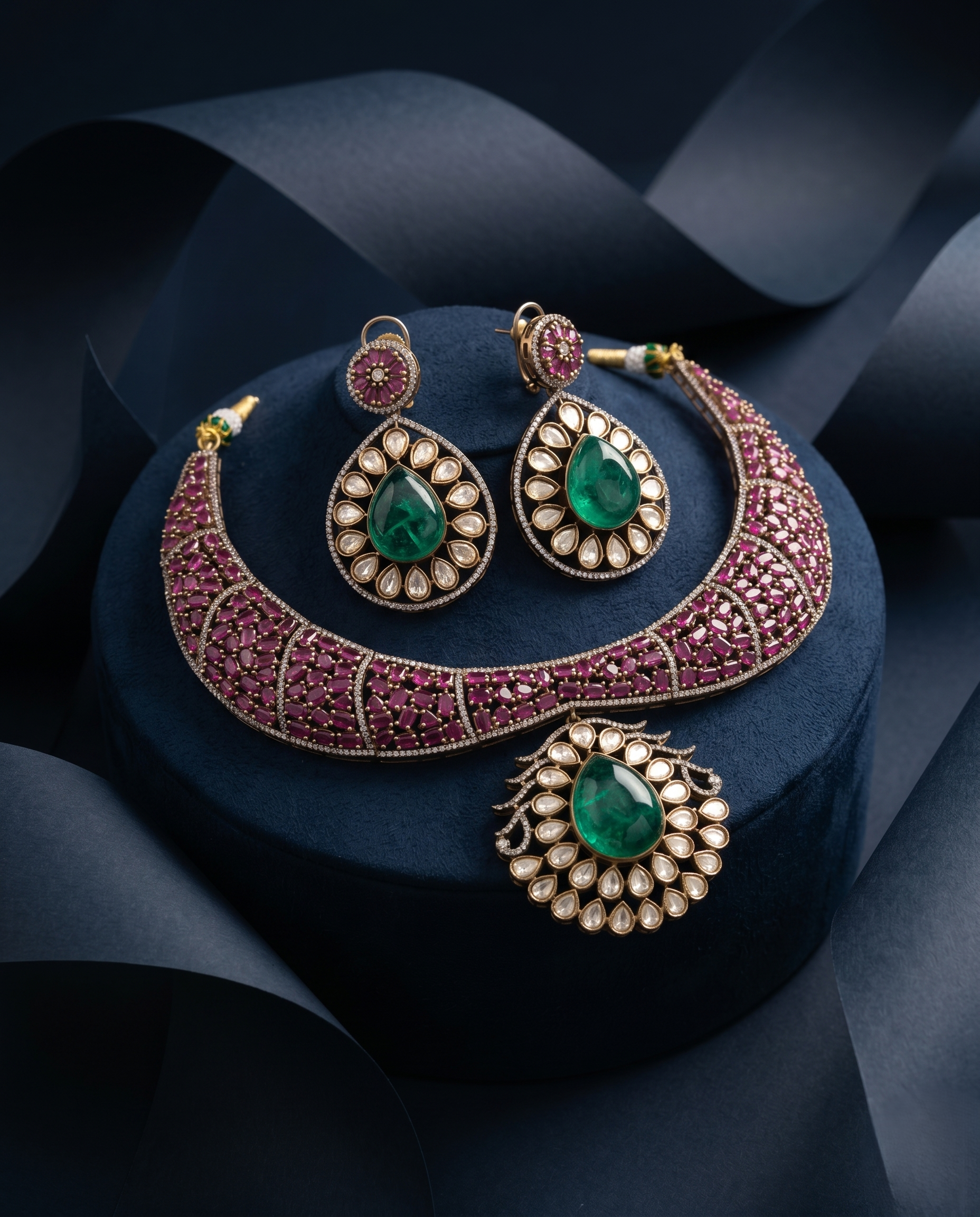 Ruby & Emerald Green Polki Style Necklace Set with Matching Earrings – Gold Finish with blue background 
