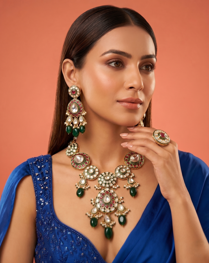 Ruby Green  and pink Kundan Pearl Necklace Set with Earrings & Maang Tikka
