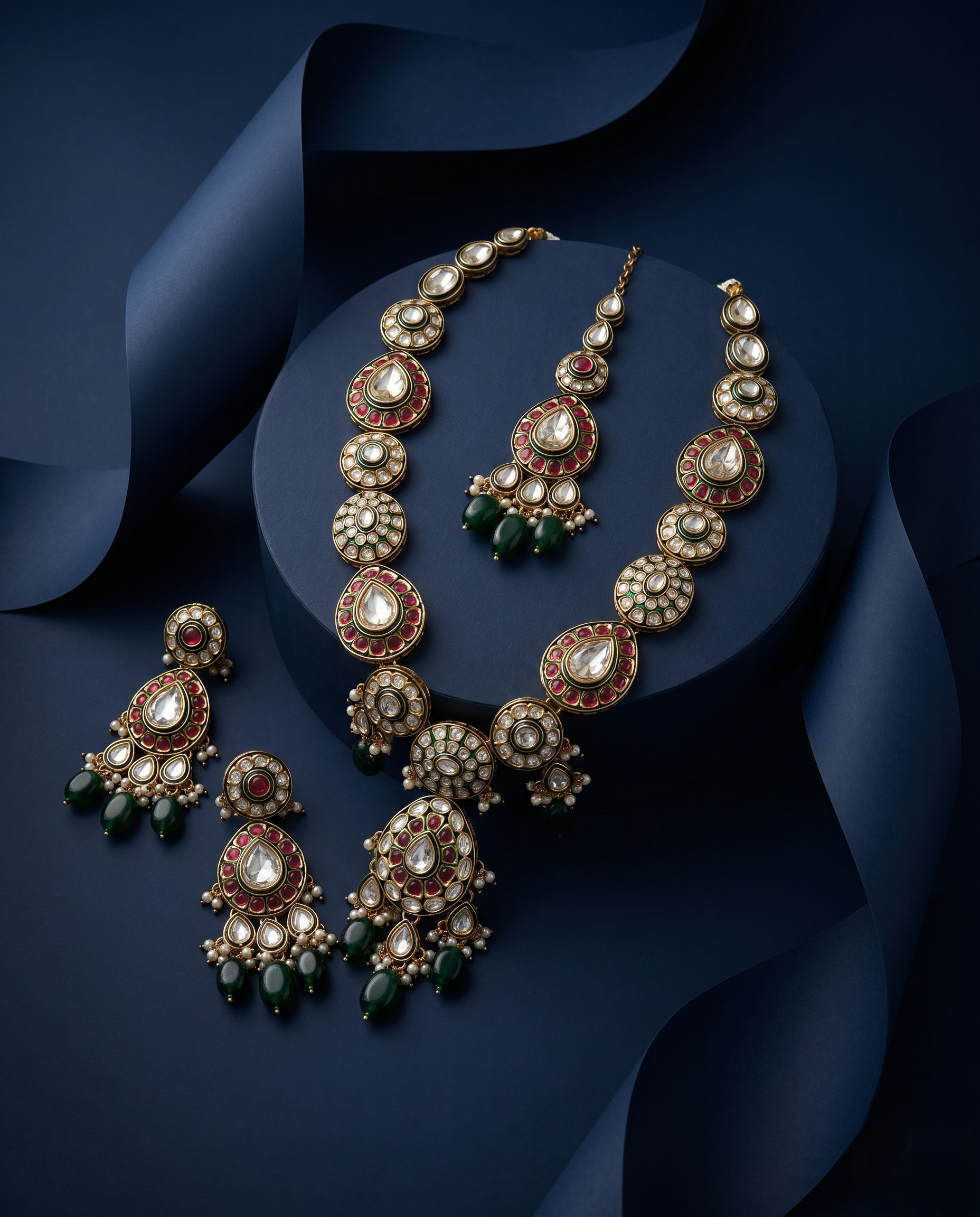 Ruby Green  pink Kundan Pearl Necklace Set with Earrings & Maang Tikka blue ACKGROUND 
