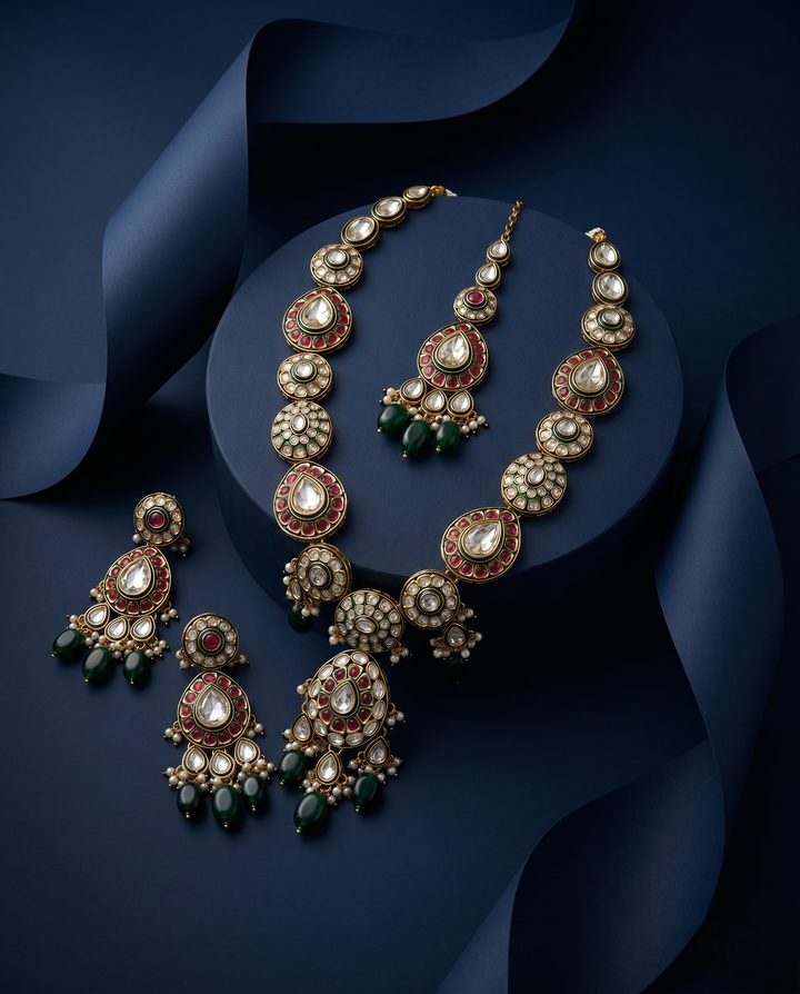 Ruby Green  pink Kundan Pearl Necklace Set with Earrings & Maang Tikka blue ACKGROUND 
