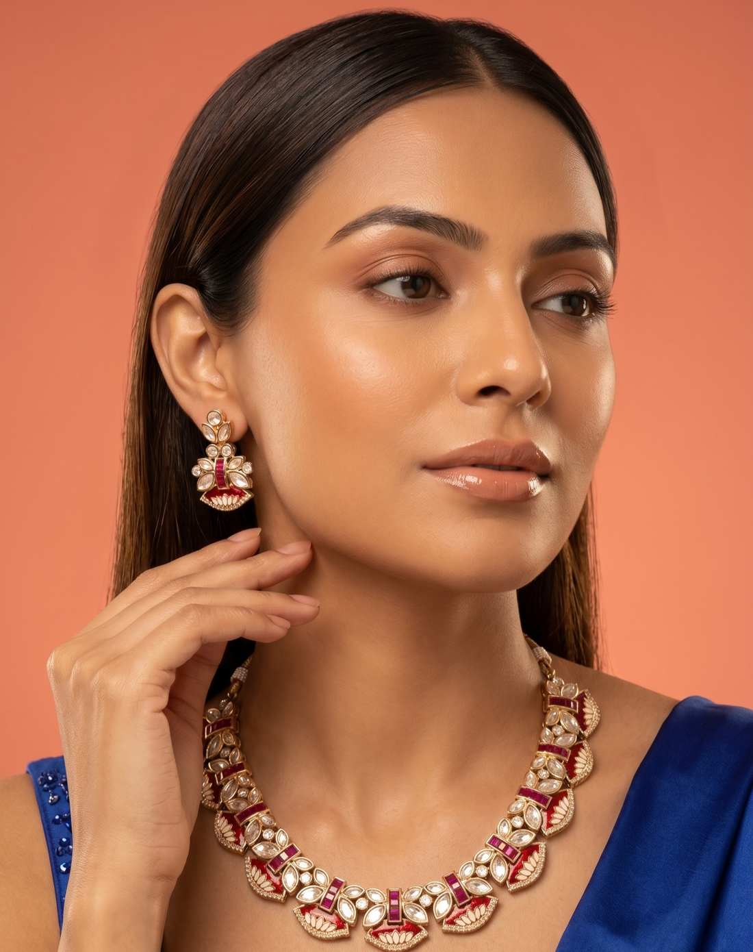 Ruby Red & White Kundan Necklace Set with Earrings | Bridal Jewellery
