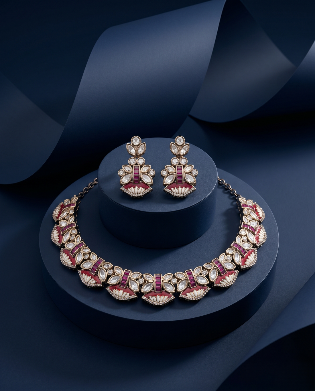 Ruby Red & White Kundan Necklace Set with Earrings | Bridal Jewellery
with blue3 background 