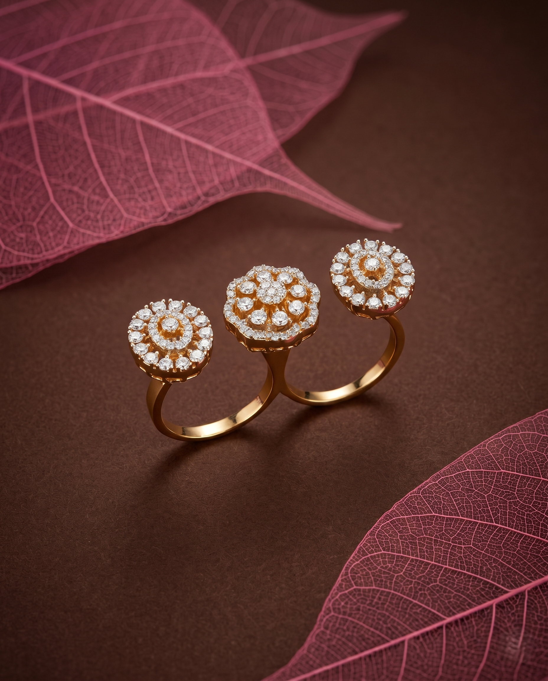 Set of gold rings with diamond accents on a brown surface with pink leaves.