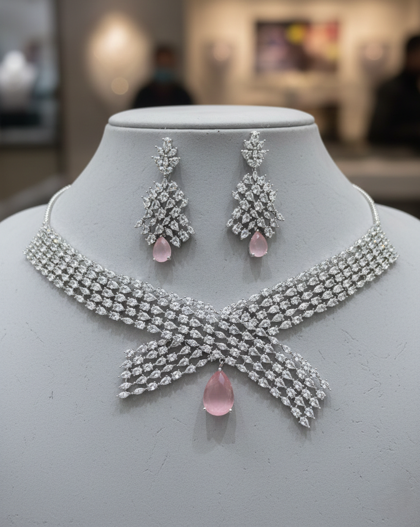 Silver jewelry set with pink stones on a mannequin bust in a blurred indoor setting