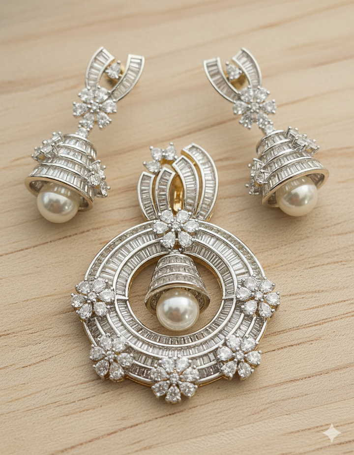 Diamond-look pearl pendant and earrings set for women – luxury imitation jewellery