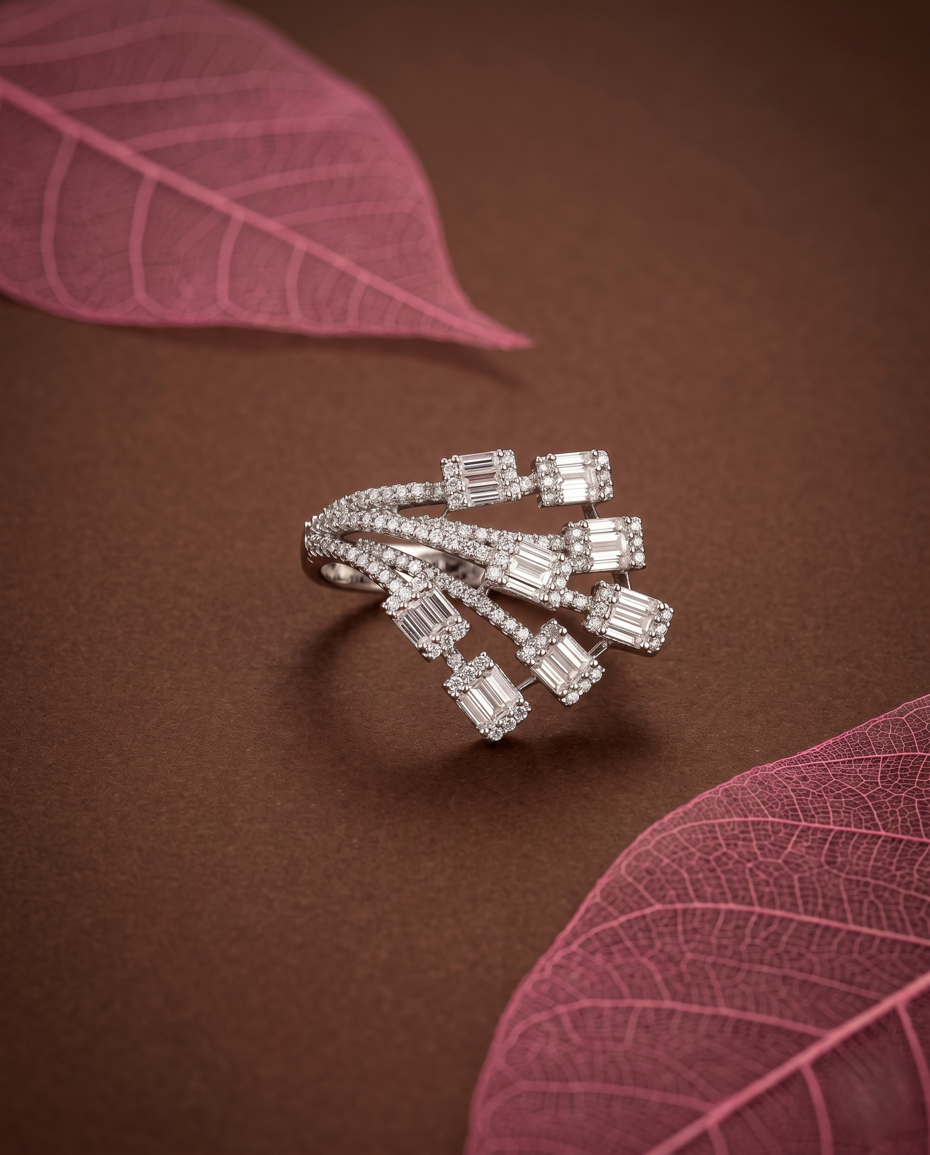 Silver ring with diamond accents on a brown background with pink leaves