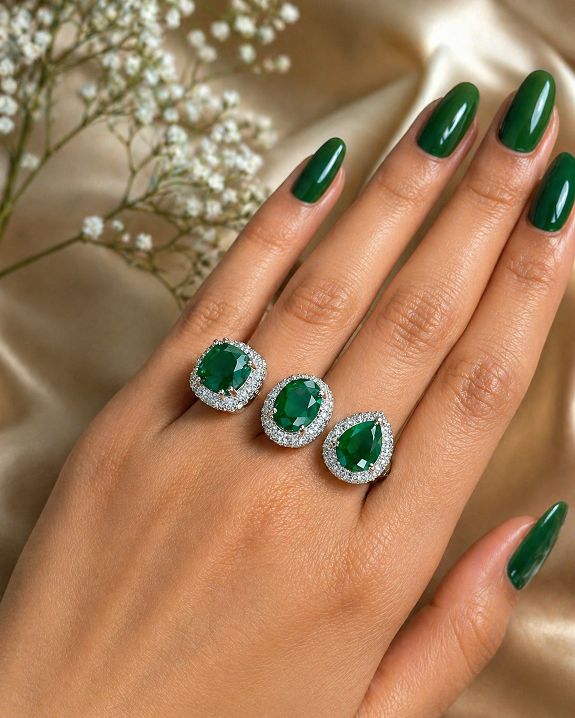 Silver ring with green gemstones on a brown surface with gypsy 

