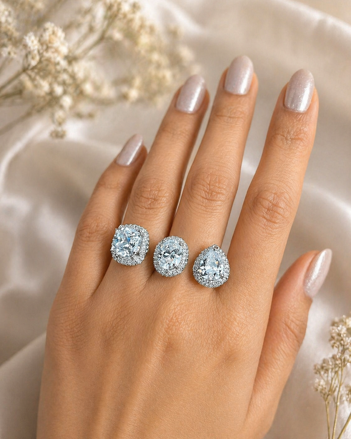 Silver ring with white gemstones on a white surface with gypsy 

