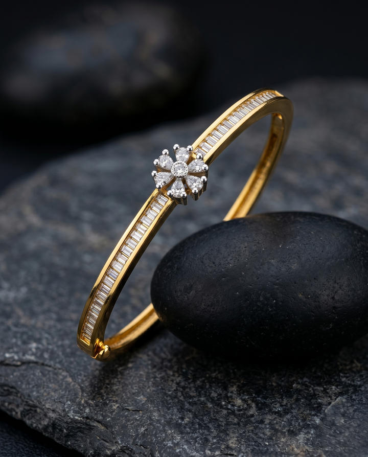 Slim Floral Openable AD Bracelet in Gold Polish | Elegant Diamond Look with stone and black background 
