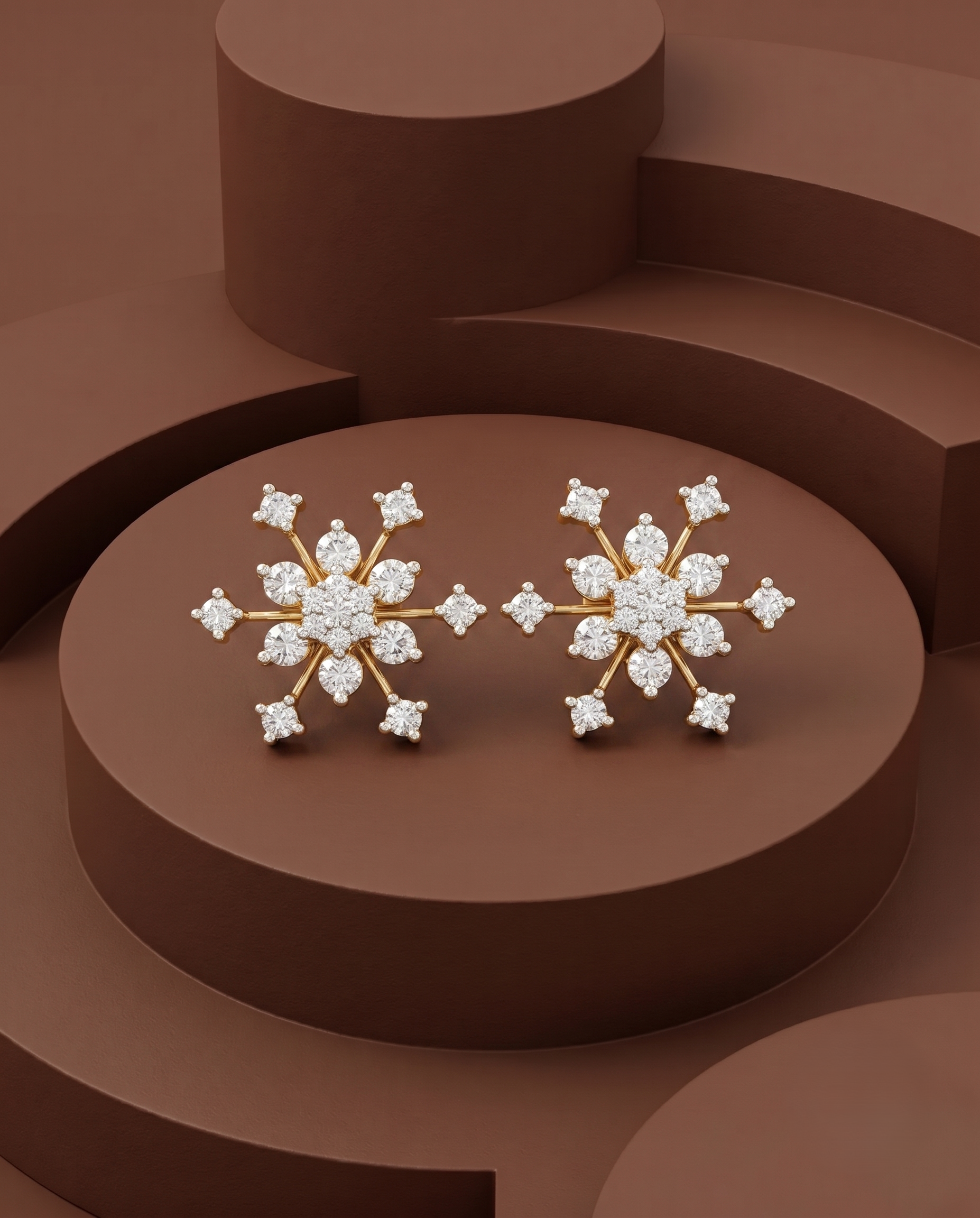 Snowflake-shaped earrings on a brown geometric background