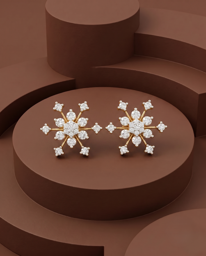 Snowflake-shaped earrings on a brown geometric background