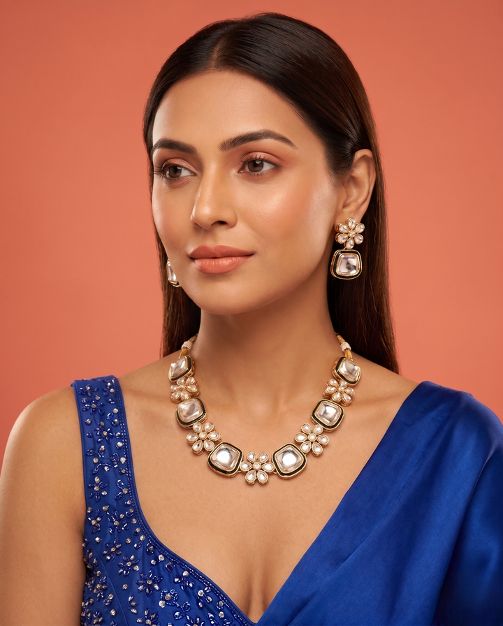 Square Kundan Necklace Set with Floral Earrings in Gold Polish
