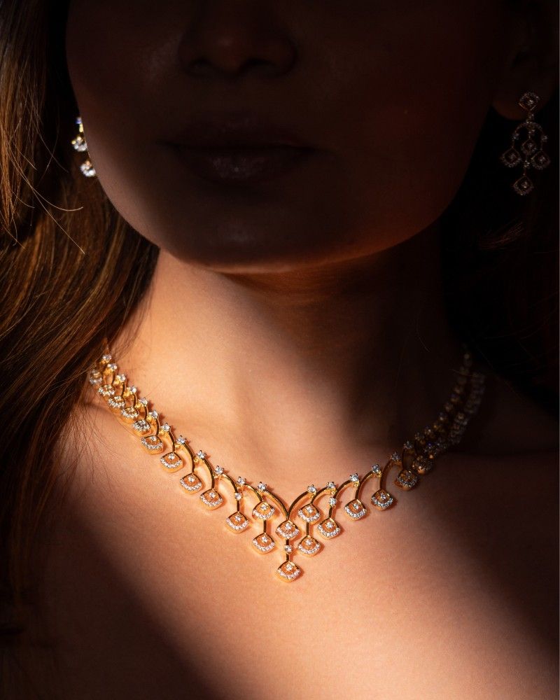 Elegant Square Motif Diamond Style Necklace Set with Matching Earrings
