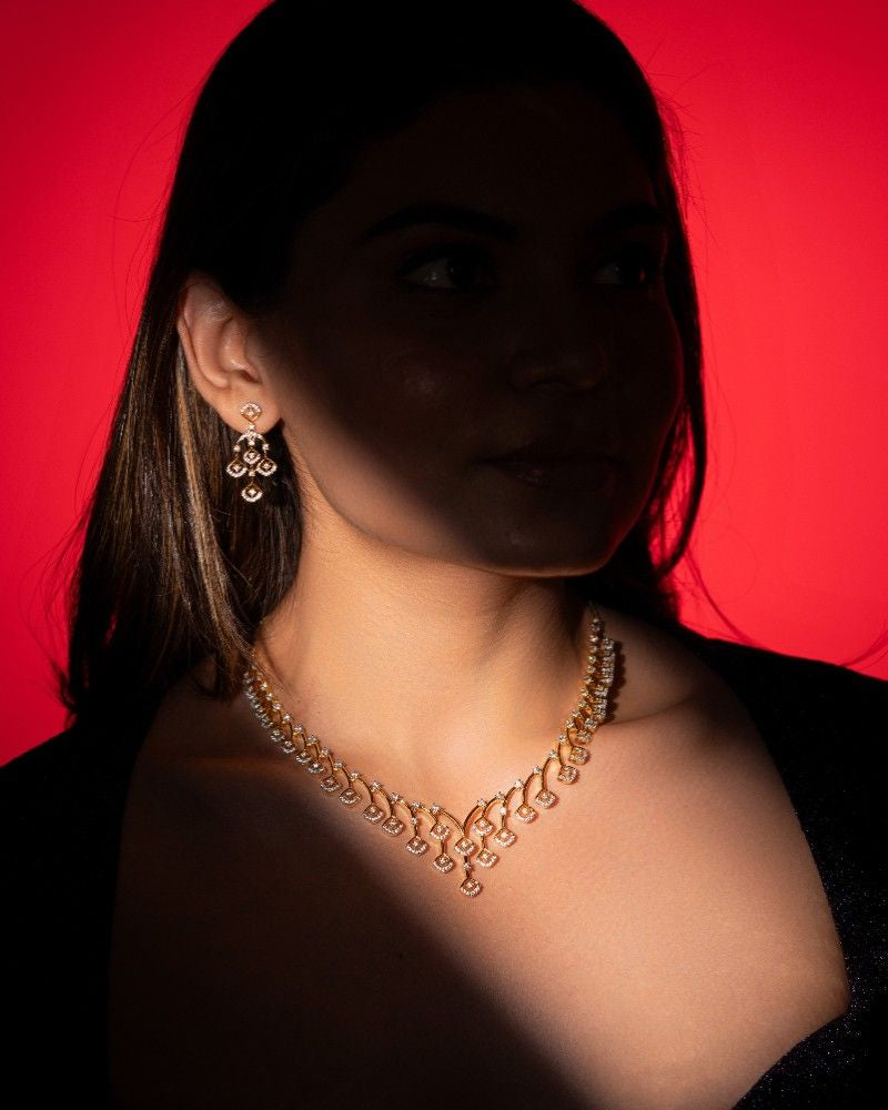 Elegant Square Motif Diamond Style Necklace Set with Matching Earrings