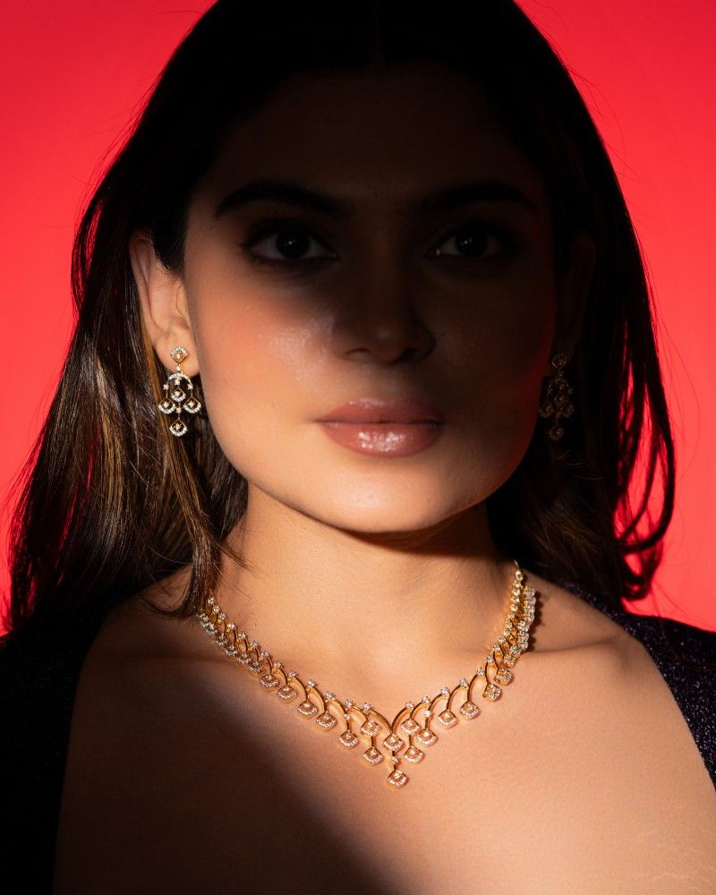 Elegant Square Motif Diamond Style Necklace Set with Matching Earrings