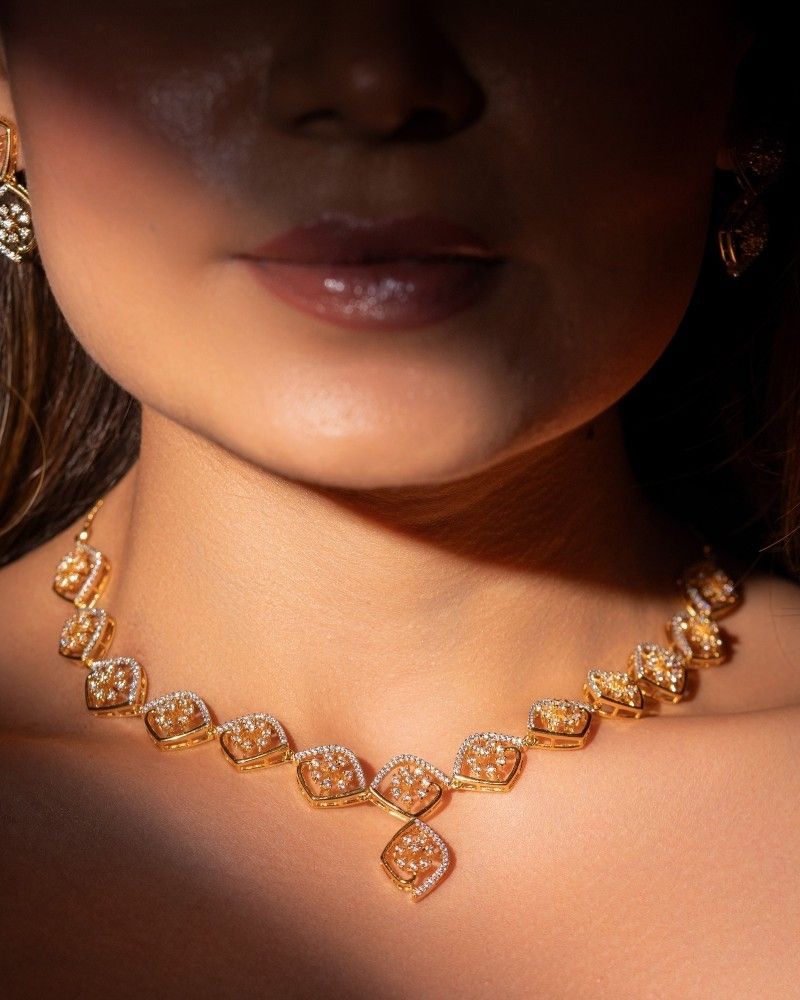 Geometric Floral Diamond Style Gold Finish Necklace Set with Matching Earrings