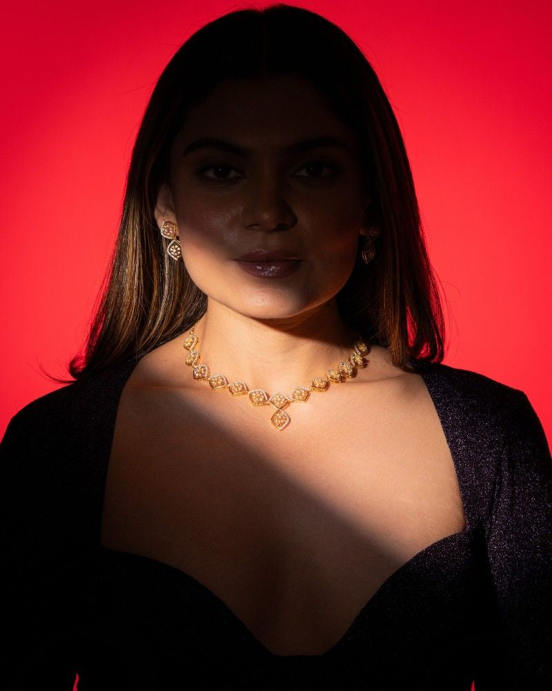 Geometric Floral Diamond Style Gold Finish Necklace Set with Matching Earrings