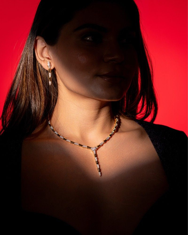 Modern Gold Finish Y-Style Diamond Look Necklace Set with Matching Earrings