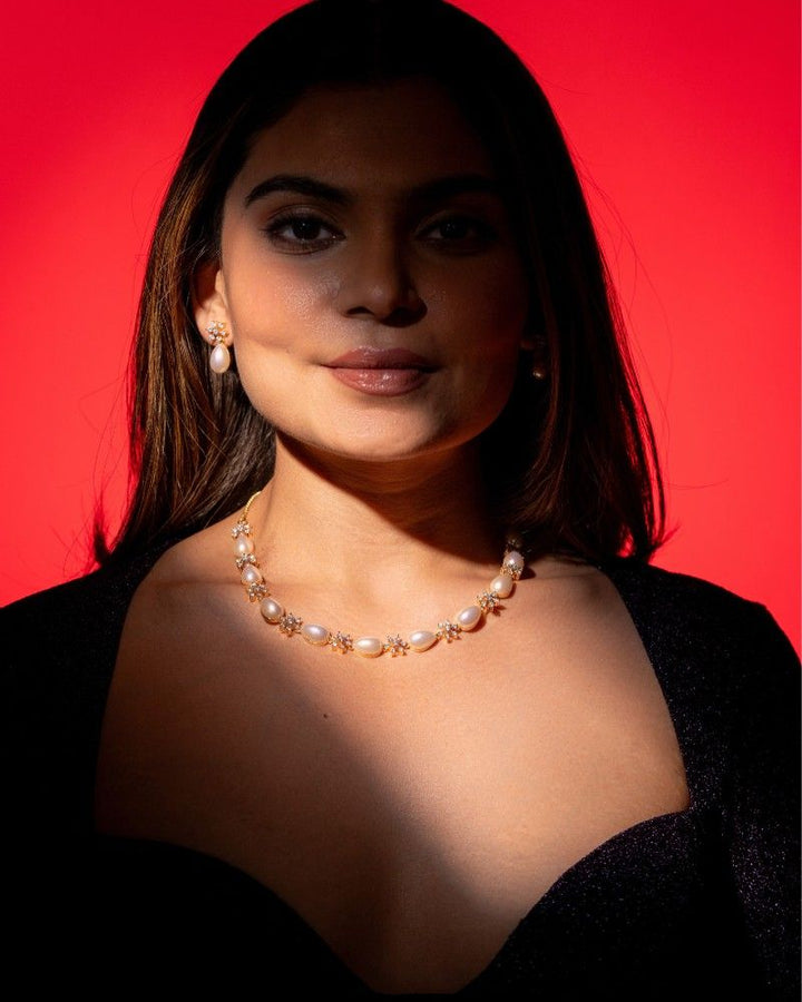 Elegant Pearl Drop Diamond Style Necklace Set with Matching Stud Earrings
