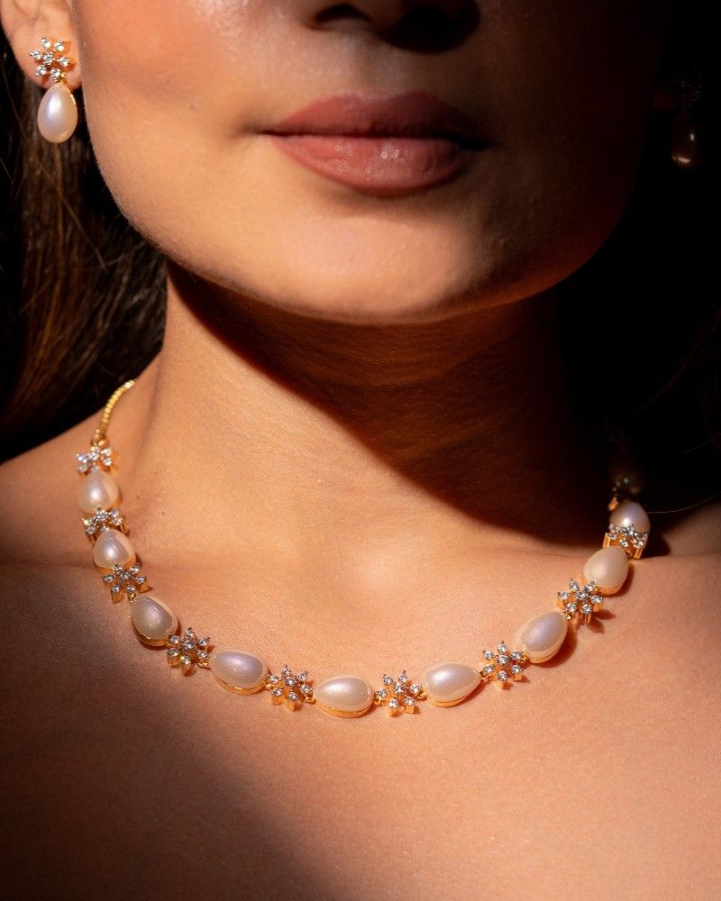 Elegant Pearl Drop Diamond Style Necklace Set with Matching Stud Earrings