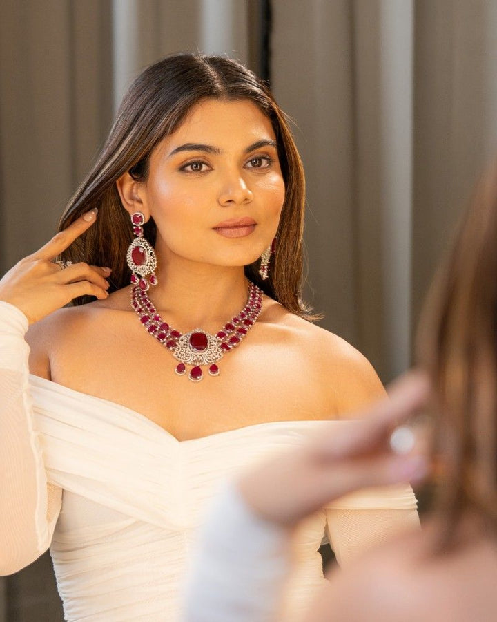 Ruby Red Stone Diamond Necklace Set with Matching Earrings – Silver Finish