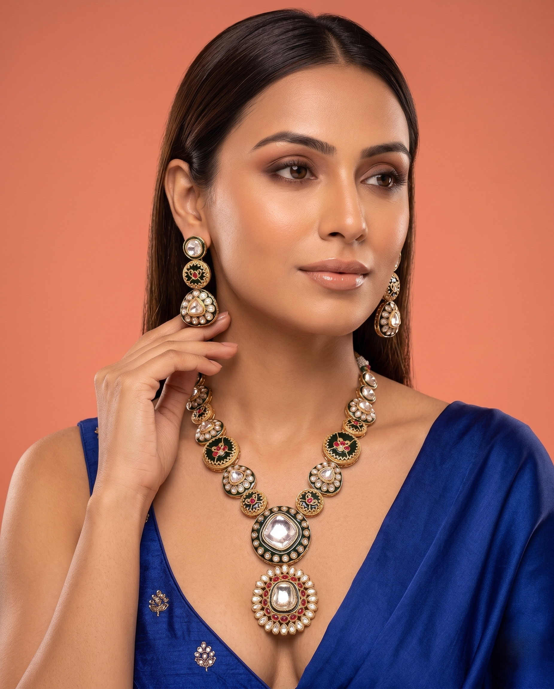 Traditional Polki Kundan Necklace Set with Matching Earrings – Green & Red Enamel 
