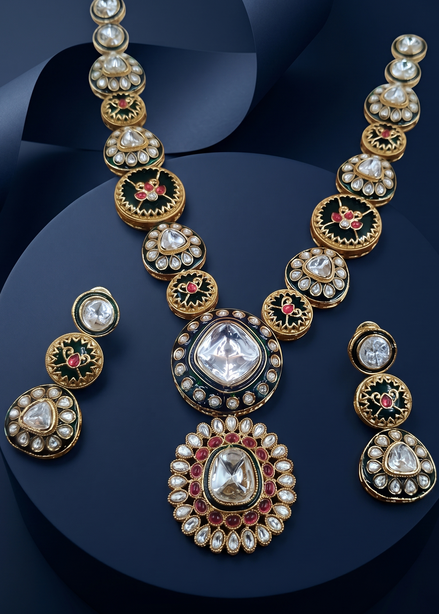 Traditional Polki Kundan Necklace Set with Matching Earrings – Green & Red Enamel with blue background 
