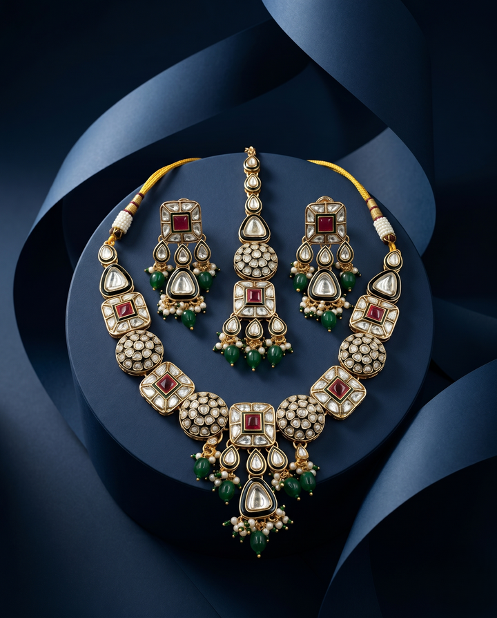 Traditional polki kundan necklace featuring ruby accent stones and green bead drop detailing with blue background 