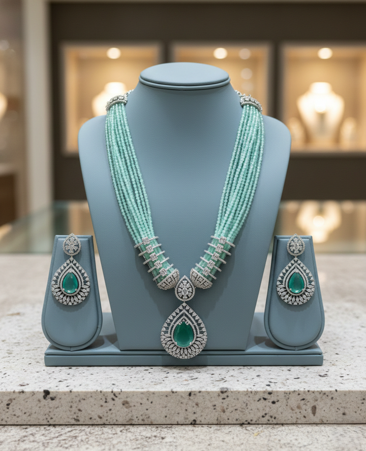 Turquoise beaded necklace with matching earrings diamond silver alloy use for real look for bridal party wear birthday annivaersary gifting