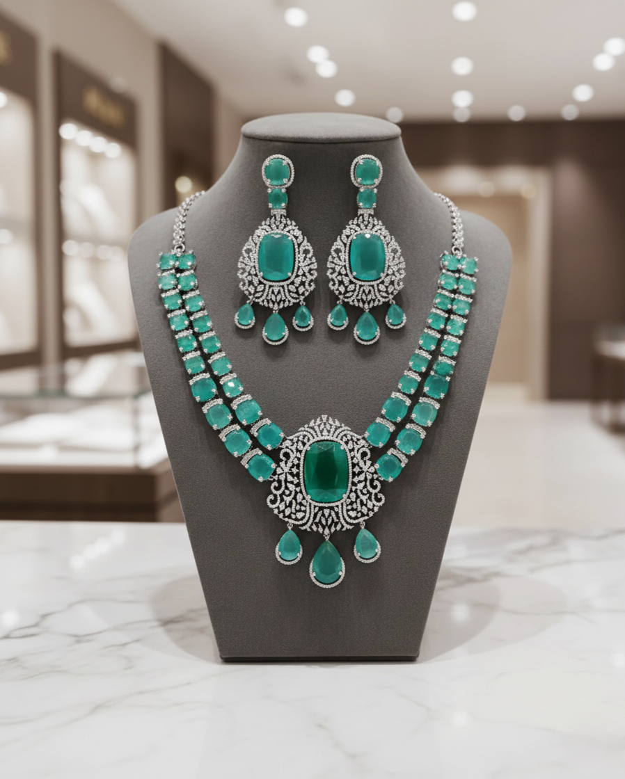 Elegant green stone diamond necklace set with earrings, festive and party wear jewellery