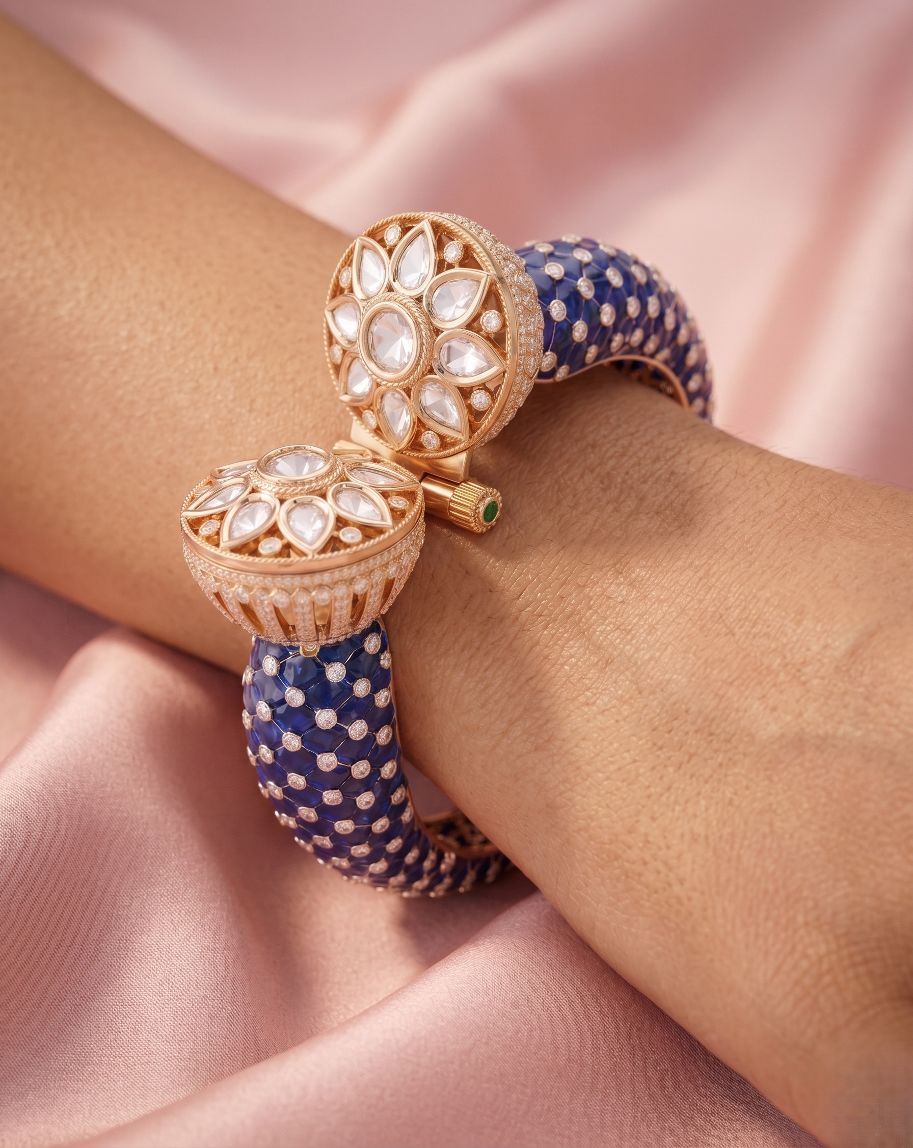 Two ornate bracelets, one gold and one blue with gemstones, on a person's wrist against a pink fabric background.
