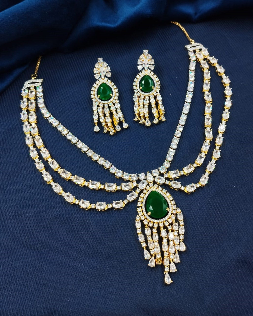 Gold Polish American Diamond Green Stone Layered Necklace Set