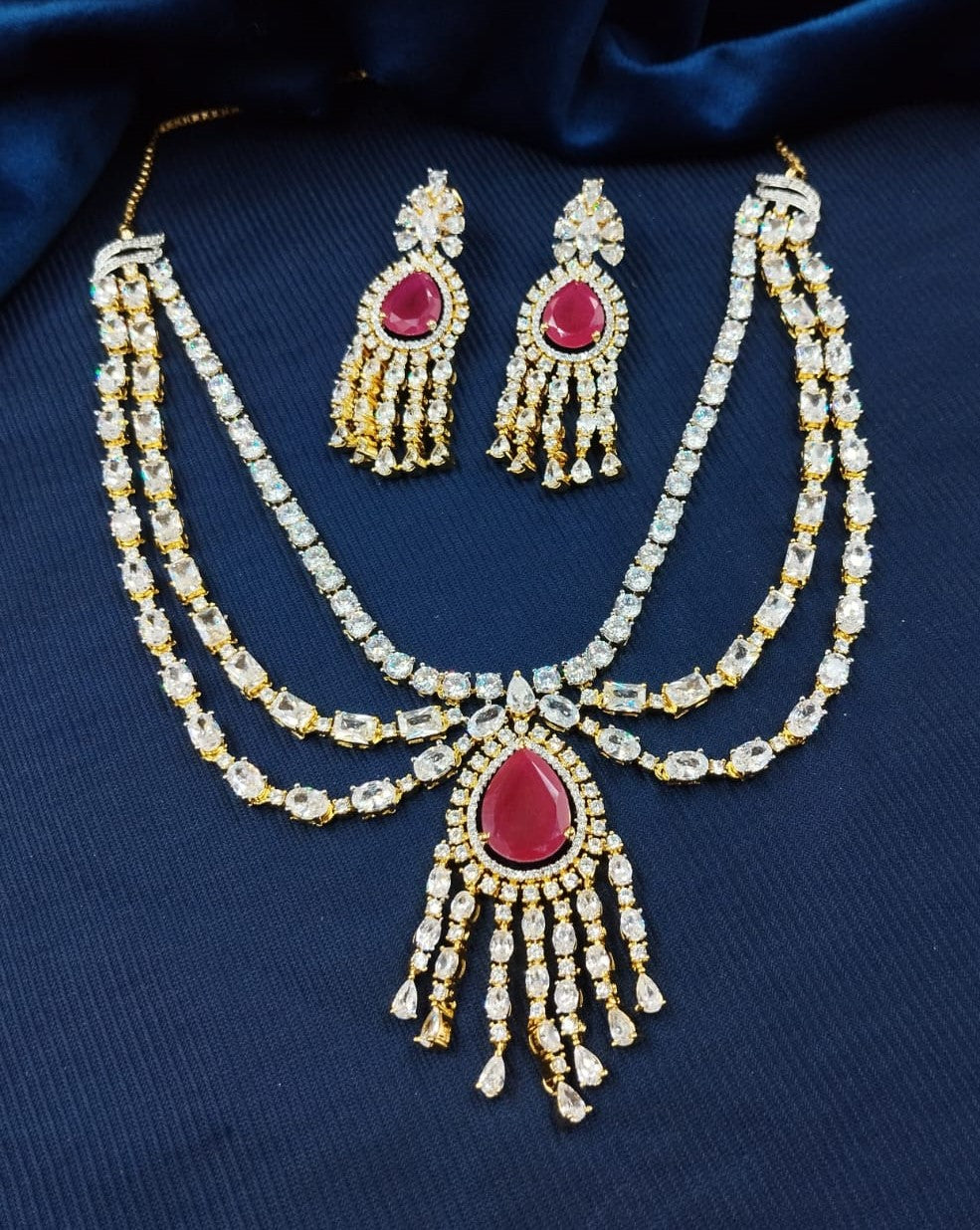 Gold Polish American Diamond Red Stone Layered Necklace Set