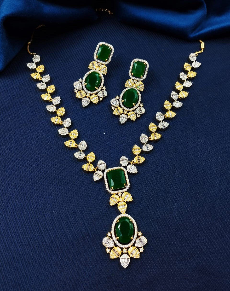 Gold Polish American Diamond Green Stone Designer Necklace Set