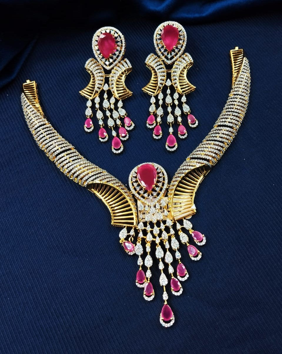 Gold Polish American Diamond Pink Stone Heavy Necklace Set