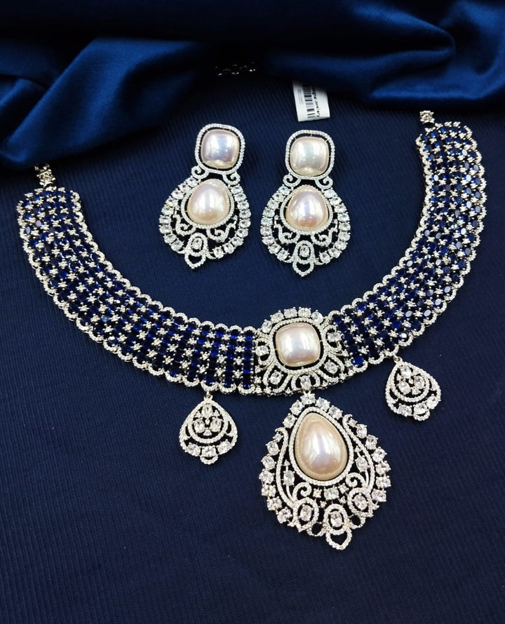 Blue Stone American Diamond Pearl Choker Necklace Set