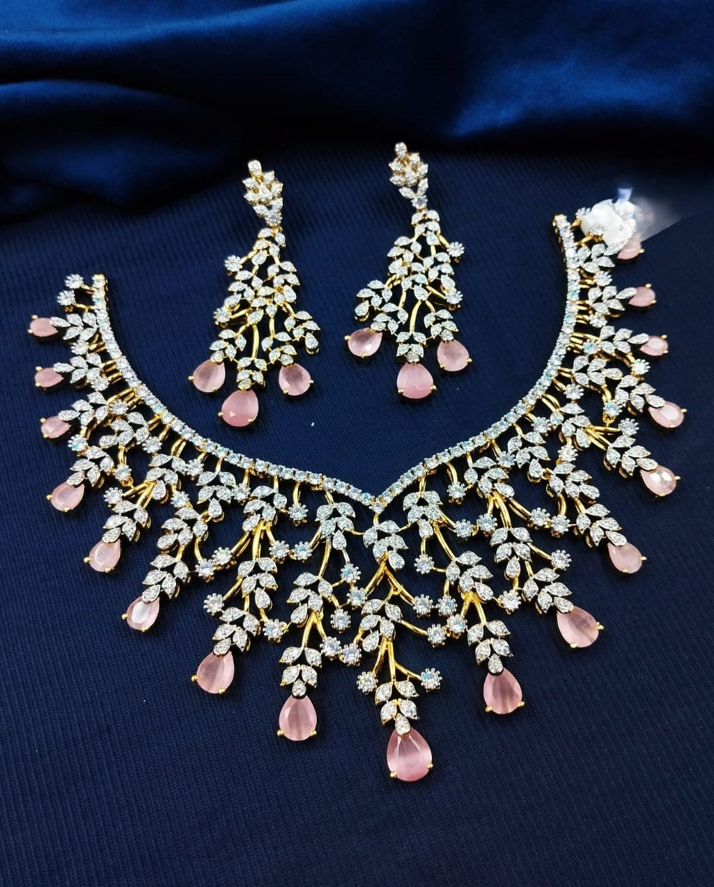 Gold Polish American Diamond Pink Stone Leaf Design Necklace Set
