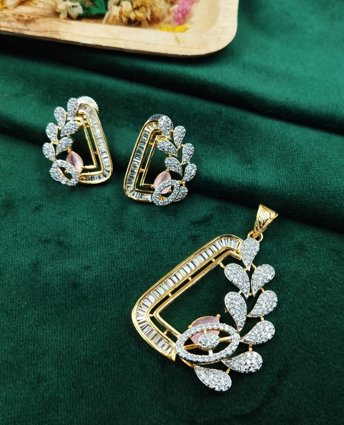 Pink Stone Leaf Motif Designer Diamond Style Pendant Set with Matching Stud Earrings – Gold Finish